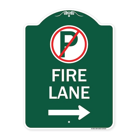 Fire Lane No Parking Symbol And Right Arrow, Green & White Aluminum Architectural Sign